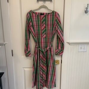 J. Crew Organic Cotton Pink and Green Plaid Button-Front Dress